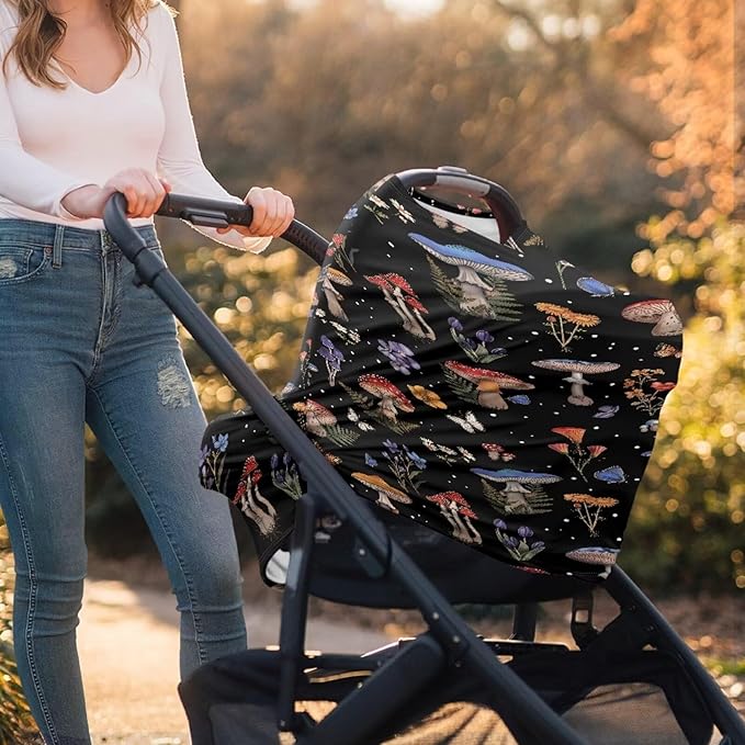 Binienty Mushrooms Car Seat Cover Canopies,Cottagecore Mushroom Nursing Cover for Mom Stretchy Infants Stroller Cover/High Chair/Breastfeeding Cover-BubblyBeeBaby