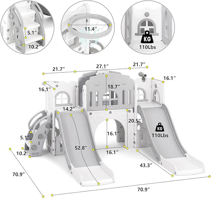 JOYLDIAS 9 in 1 Toddler Slide, Toddler Playground with Double Slides, Climber,Basketball Hoop,Tunnel, Telescope, Storage Space and Non-Slip Step, Indoor Outdoor Backyard Playset for Toddlers Age 1-3+-BubblyBeeBaby