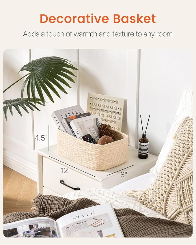 KALLAX Small Woven Basket, 12 x 8 x 4.5 Inches, Storage Basket for Organizing, Cute Small Rope Shelf Closet Cube Storage Bins Baskets for Shelves, Dog Toy Gift Baskets Empty, 3 Packs, Beige-BubblyBeeBaby