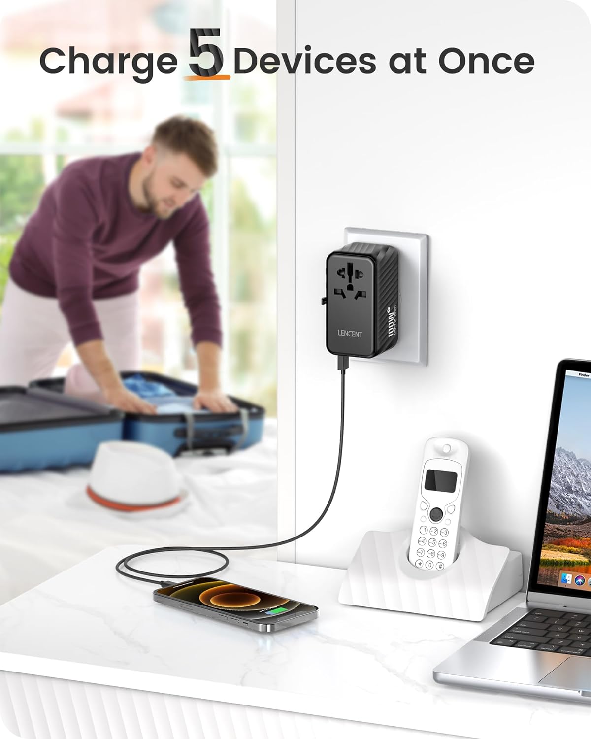 LENCENT Universal Travel Adapter, 100W GaN International Fast Charger with 2 PD3.0 Type C+2 QC USB A, Worldwide Power Adaptor for Phones,Laptops, All in One Travel Essentials for EU/USA/UK/AU, Black