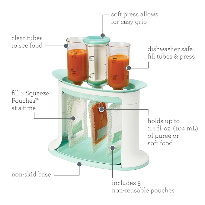 Infantino Squeeze Station, Baby Food Maker & Pouch Filler, Fill 3 Reusable Pouches at Once, Easy to Use, Dishwasher Safe, Homemade Baby Food Prep Essential, Teal-BubblyBeeBaby