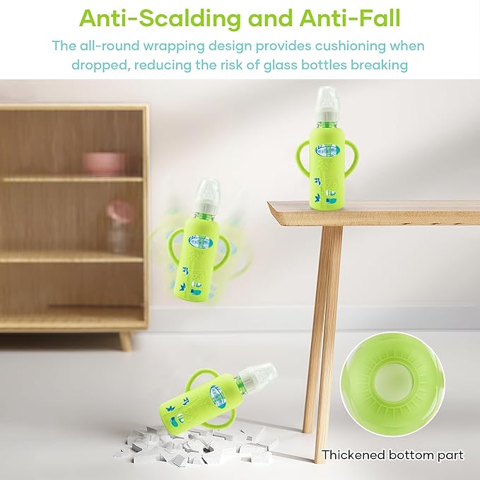 4 Pack Silicone Sleeves for Dr. Brown's Glass Baby Bottles, Anti Breakage Durable Baby Bottle Holder with Easy Grip Handles, Narrow Sleeve with a Cutout, Dishwasher/Freezer/Microwave Safe, 8 oz-BubblyBeeBaby