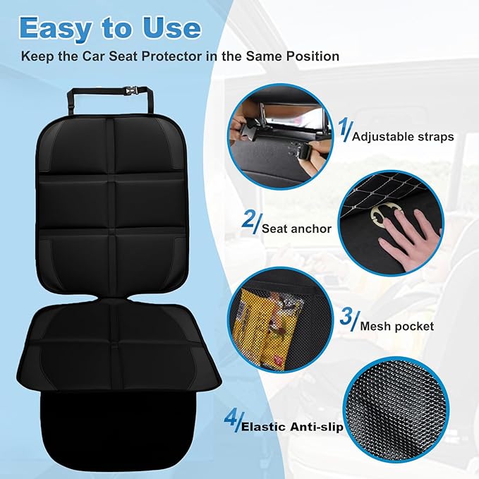 Car Seat Protector, 2 Pack Baby CarSeat Protector with Mesh Pockets & Non-Slip Backing 600D Durable Seat Cover Under Baby Child Car Seat, (Black, Standard)-BubblyBeeBaby