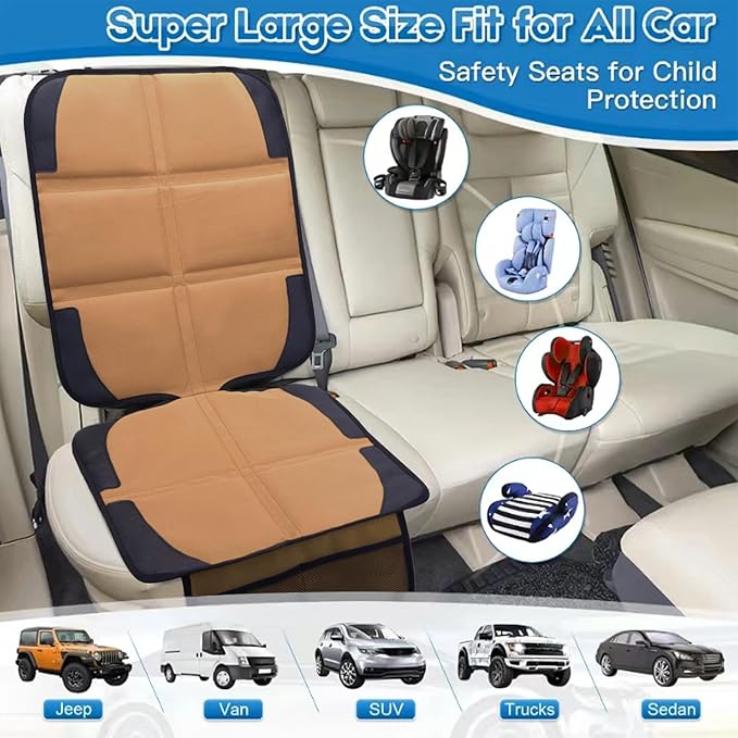 Car Seat Protector for Child Car Seat, 2 Pack Baby Car Seat Covers with Mesh Pockets & Non-Slip Backing 600D Durable Seat Protector (Brown, Standard)-BubblyBeeBaby