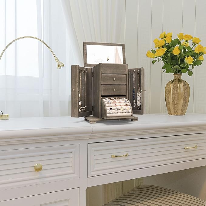 Jewelry Box for Women, Rustic Wooden Jewelry Boxes & Organizers with Mirror, 4 Layer Jewelry Organizer Box Display for Rings Earrings Necklaces Bracelets (Weathered Gray)-BubblyBeeBaby