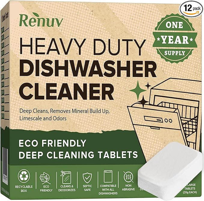 Heavy Duty Dishwasher Cleaner and Deodorizer Tablets, Descaler, Deep Cleaning, Natural Odor and Smell Remover, Calcium, Limescale, Hard Water Marks, Grease, Septic Safe Pods (12 Tabs - 1 Yr Supply)-BubblyBeeBaby