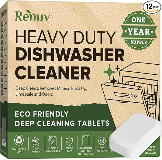 Heavy Duty Dishwasher Cleaner and Deodorizer Tablets, Descaler, Deep Cleaning, Natural Odor and Smell Remover, Calcium, Limescale, Hard Water Marks, Grease, Septic Safe Pods (12 Tabs - 1 Yr Supply)-BubblyBeeBaby