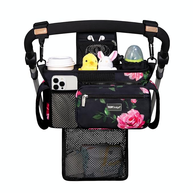 TOPDesign Universal Baby Stroller Organizer, Stroller Caddy with Detachable Mesh Bag & Heightened Insulated Cup Holders & Non-Slip Secure Hooks Accessories, Fits Most Strollers (Peony)-BubblyBeeBaby