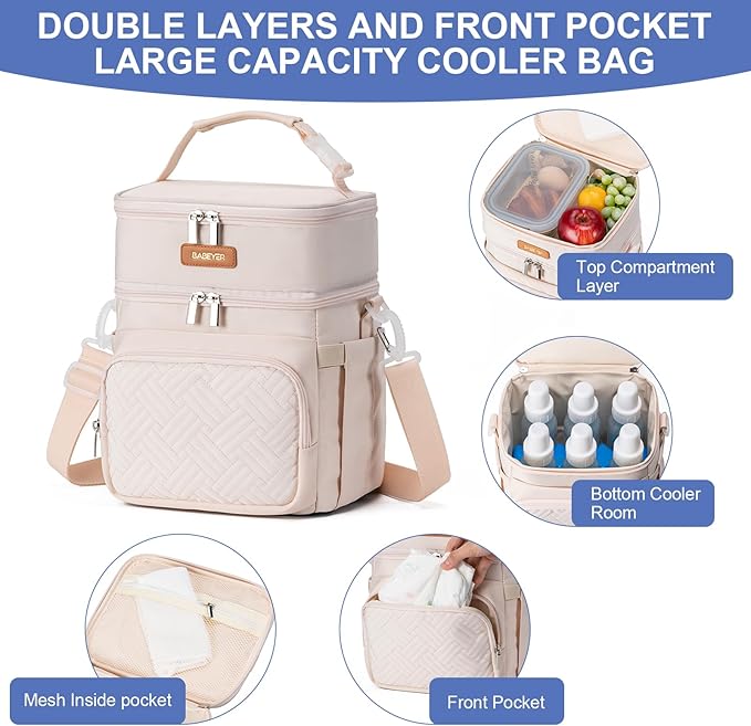Insulated Breastmilk Cooler Bag with Ice Pack - Holds 6x9oz Bottles, Leakproof Double Layer, Adjustable Strap for Nursing Moms, Daycare & Travel,Pearl White-BubblyBeeBaby