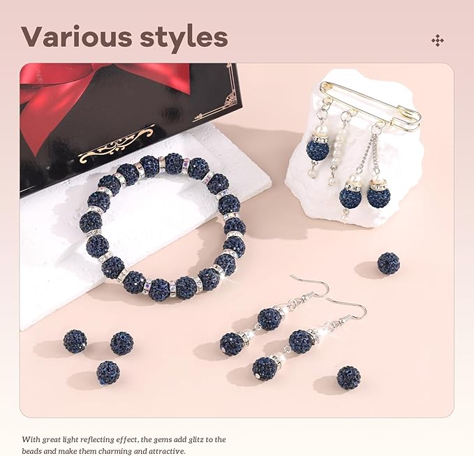 200pcs 10mm Rhinestone Beads for Jewelry Making, Blue Black Shiny Round Disco Ball Beads Bulk, Sparkle Crystal Clay Christmas for Bracelet Baseball Necklace Earring Crafting and DIY-BubblyBeeBaby