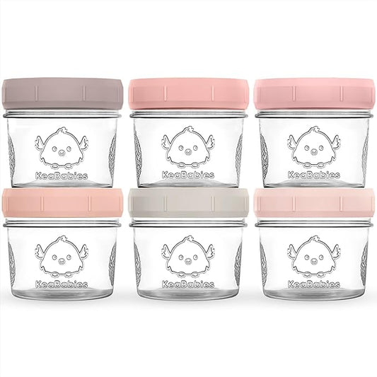 KeaBabies 6pk 4oz Glass Baby Food Containers with Lids - Leak-Proof, Microwavable Small Glass Jars, Baby Purees & Toddler Snack Storage Containers, BPA-Free, Dishwasher & Freezer Safe (Roseate)-BubblyBeeBaby