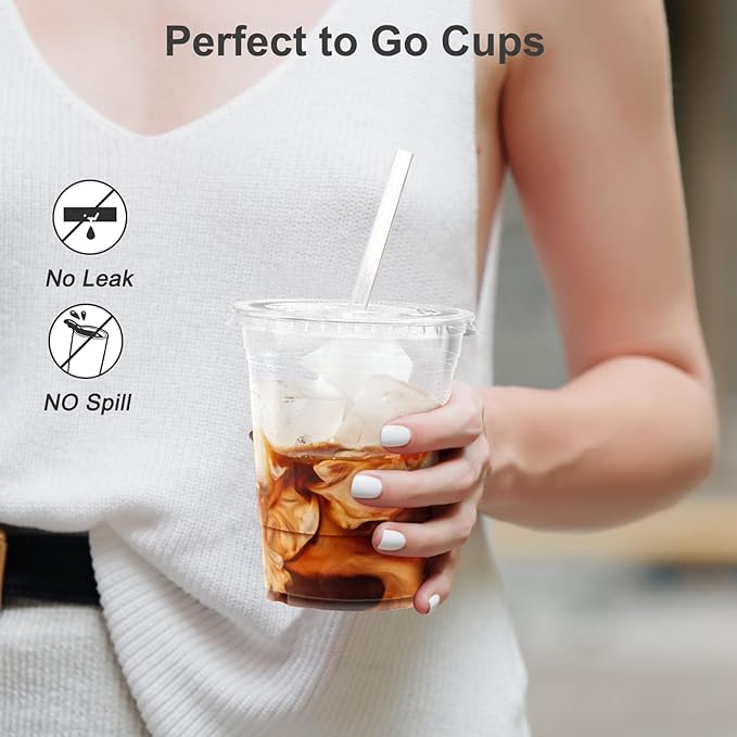 100 Pack - 16 oz Clear Plastic Cups with Lids and Straws, Sturdy & Food Safe Iced Coffee Cups with lids, Disposable Plastic Smoothie Cups for Cold Drinks-BubblyBeeBaby
