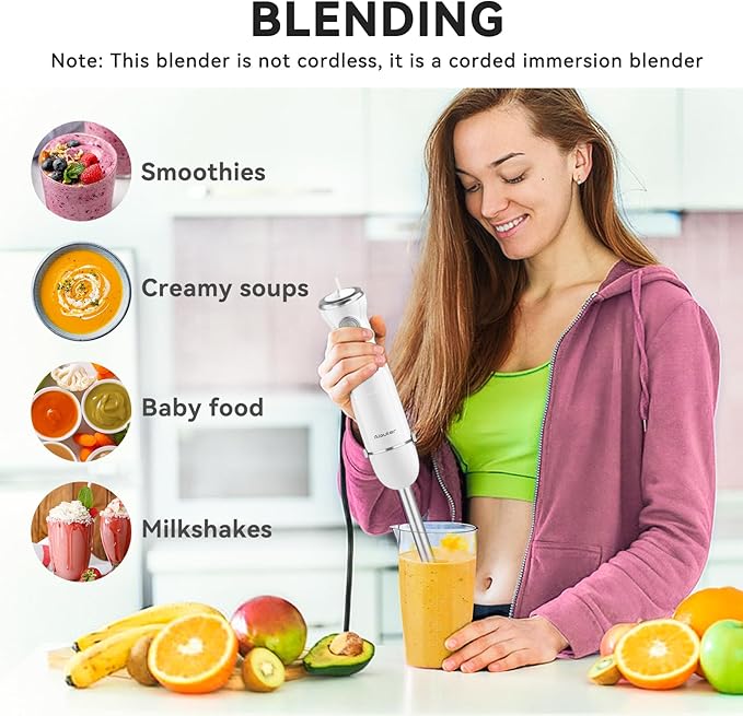 Immersion Blender Handheld 5 in 1 Hand Blender, 1000W Hand Mixer Stick, BPA-Free 12 Speed Handheld Blender with Mixing Beaker, Chopper, Whisk and Milk Frother for Soup, Sauce, Baby Food (White)-BubblyBeeBaby
