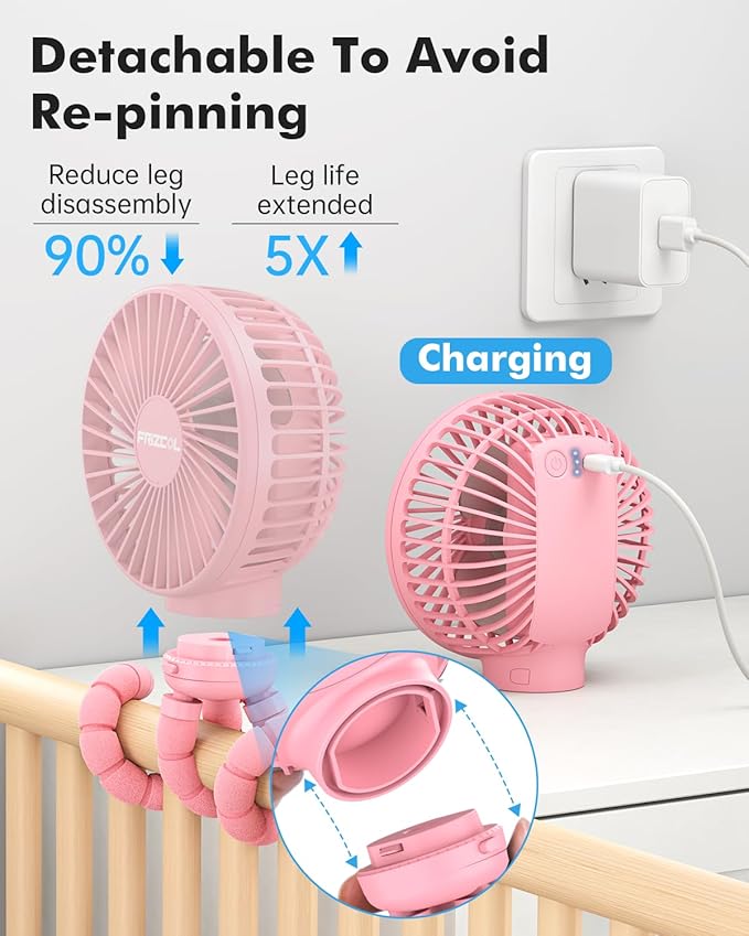 FRIZCOL Stroller Fan for Baby - Portable Fans Rechargeable - Battery Operated Fan(Use for 24Hrs) - Fans for Handheld/Clip On/Car Seat/Desk/Camping (Pink)-BubblyBeeBaby