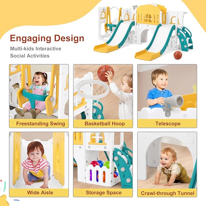 JOYLDIAS 10 in 1 Toddler Slide, Double Kid Climber Slide Playset w/Swing, Basketball Hoop, Telescope, Tunnel, Storage Space and Non-Slip Steps, Indoor Outdoor Backyard Playground Toy for Toddlers-BubblyBeeBaby