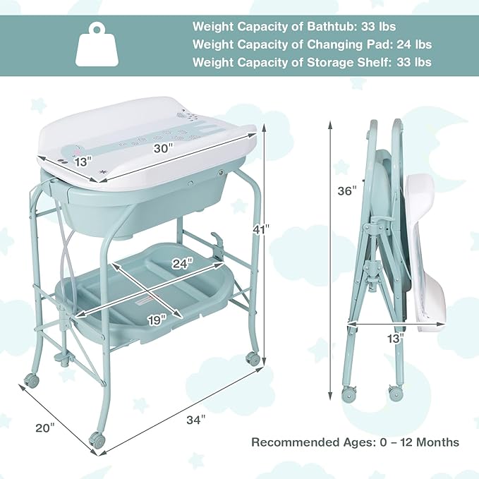HONEY JOY Baby Changing Table with Bathtub, Foldable Infant Diaper Changing Station with Wheels, Storage Tray, Waterproof Pad, Portable Newborn Nursery Organizer Bath Stand for Boys Girls (Blue)-BubblyBeeBaby