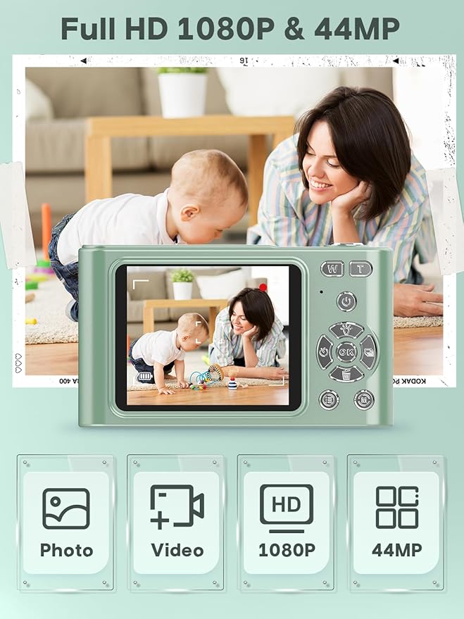 2025 Digital Camera - 1080P Vlog Camera, 44MP Compact, 16X Zoom, Anti-Shake, Green Gift for Kids-BubblyBeeBaby