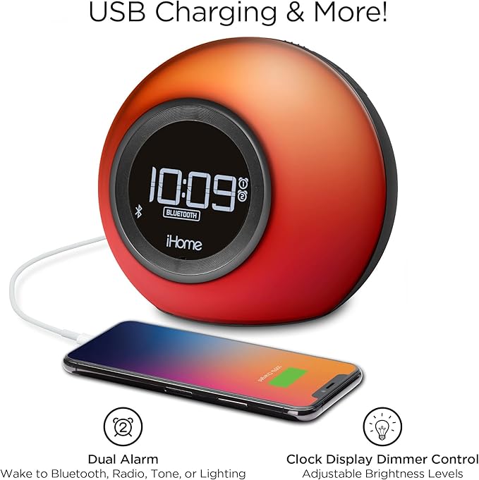iHome Alarm Clock Radio with Bluetooth Speaker and Color Changing Lamp, USB Charging, and Speakerphone for Home, Office, or Dorm (IBT29BX6)-BubblyBeeBaby