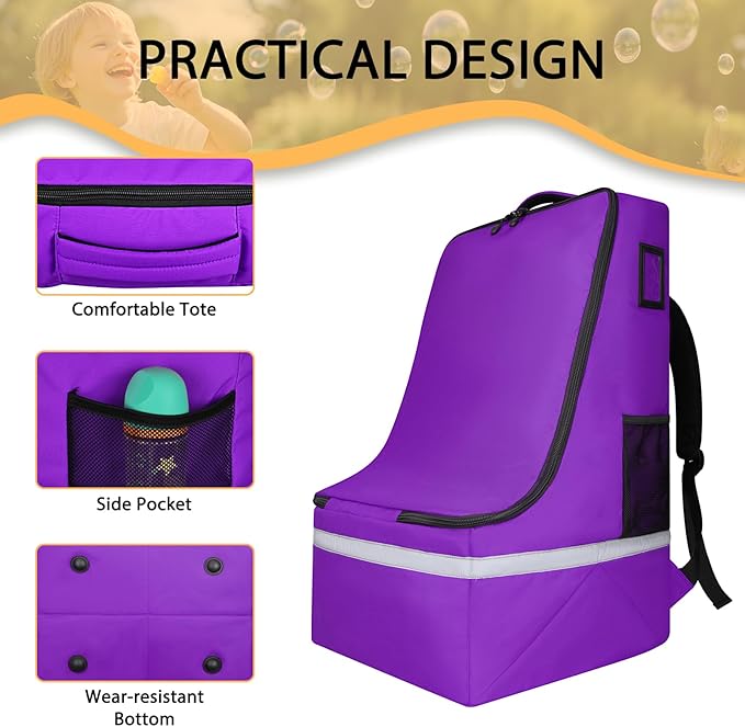 Car Seat Travel Bag for Airplane,Infant Seat Travel Bag with Shoulder Strap,Padded Car Seats Backpack with Reflective Stripes,Large Carseat Carrier Bag Travel Car Seat Cover,Purple-BubblyBeeBaby