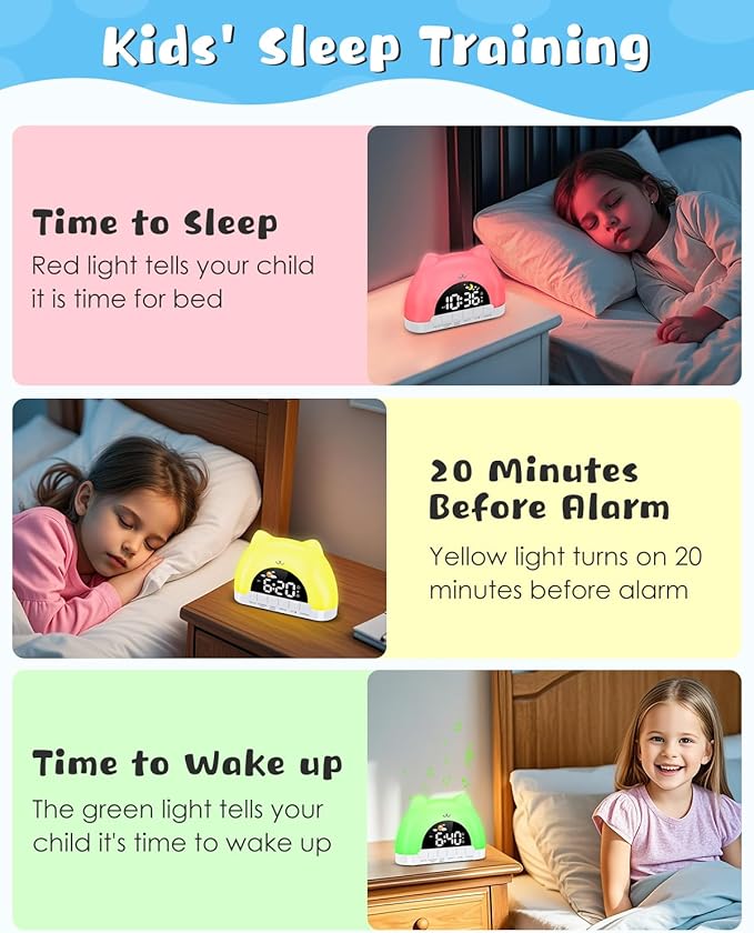 Kids Alarm Clock, OK to Wake Clock for Kids, Cat Clock with 11 Colors Night Light, 10 Soothing Sounds, Child Lock, Dual Alarms, Sleep Training, Birthday Gift for Boy Girls Children-BubblyBeeBaby