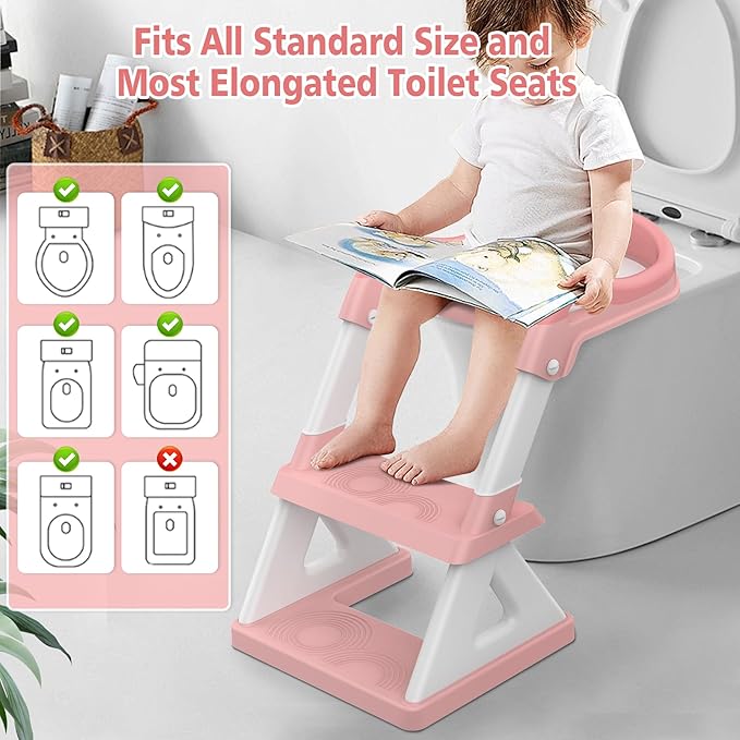 2 in 1 Potty Training Toilet Seat & Toddler Step Stool, Bottom Triangle Stability Toddler Toilet Seat, Adjustable Step & Seat Height Potty Seats for Toddlers Boys Girls (Pink)-BubblyBeeBaby