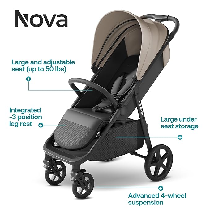 Mompush Nova Baby Stroller for Toddler, Infant & Newborn | Spacious Seat & Lie-Flat Mode | Compact One-Hand Fold, UPF 50+ Canopy & All-Wheel Suspension | Includes Rain Cover & Cup Holder, Khaki-BubblyBeeBaby
