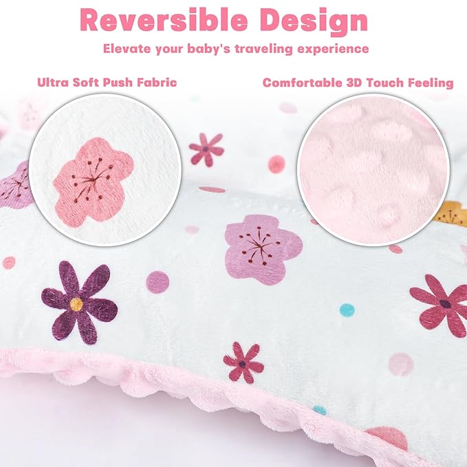Infant Car Seat Insert with 3 Strap Covers, 3 in 1 Reversible Floral Baby Car Seat Head Support for Newborn, Baby Girl Newborn Essentials for Preemie to Infant, Stroller, Swing, Bouncer (Pink)-BubblyBeeBaby