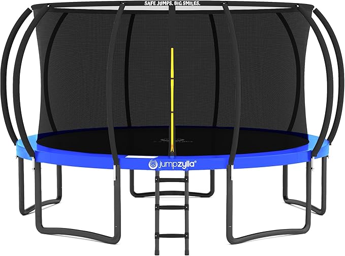 JUMPZYLLA Trampoline Outdoor 8FT 10FT 12FT 14FT 15FT 16FT with Enclosure and Ladder, ASTM Approved Recreational Trampoline for Kids and Adults, Anti-Rust Coated Frame-BubblyBeeBaby