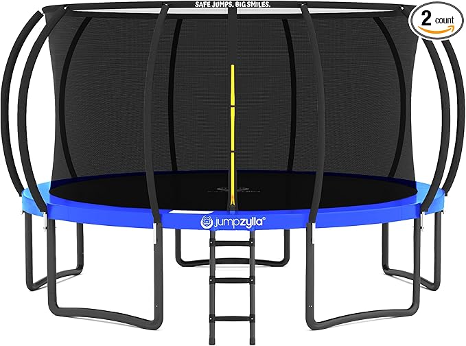 JUMPZYLLA Trampoline Outdoor 8FT 10FT 12FT 14FT 15FT 16FT with Enclosure and Ladder, ASTM Approved Recreational Trampoline for Kids and Adults, Anti-Rust Coated Frame-BubblyBeeBaby