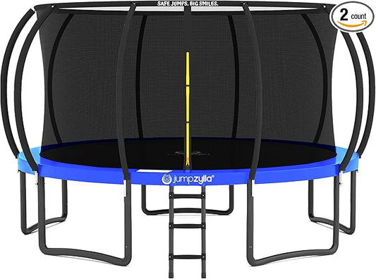JUMPZYLLA Trampoline Outdoor 8FT 10FT 12FT 14FT 15FT 16FT with Enclosure and Ladder, ASTM Approved Recreational Trampoline for Kids and Adults, Anti-Rust Coated Frame-BubblyBeeBaby