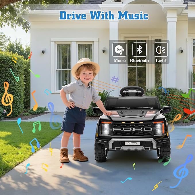 12V Ride on Car Licensed Ford F-150 Raptor, Kids Electric Car with Remote Control, LED Light/Music/MP3, Truck Bed Storage, 3-Point Seat Belt (12V, Black)-BubblyBeeBaby