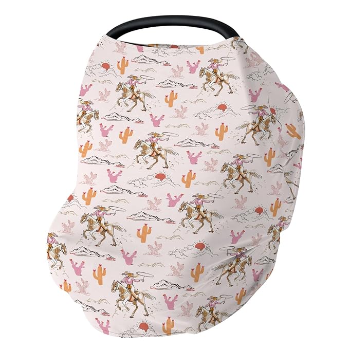 Cute Pink Cowgirl Car Seat Cover for Baby Western Cowgirls Horse Cactus Mountain Sunset Stretchy 5-in-1 Covers Adjustable Infant Carseat Canopy Cover Wild West Desert Breathable Nursing Cover-Up-BubblyBeeBaby