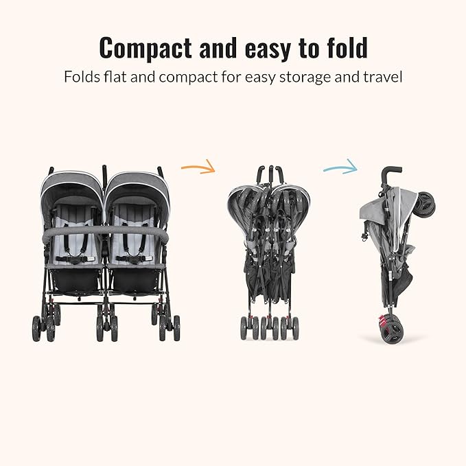 Dream On Me Volgo Twin Umbrella Stroller in Gray, Lightweight Double Stroller for Infant & Toddler, Compact Easy Fold, Large Storage Basket, Large and Adjustable Canopy-BubblyBeeBaby