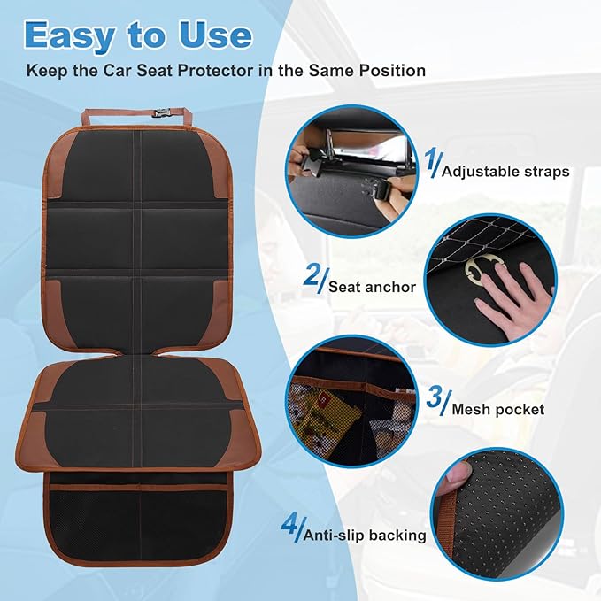 Car Seat Protector for Child, 2 Pack With Mesh Pockets & Non-Slip Backing 600D Durable Under Baby Seat Cover for Back Seat (Dark Brown, Standard)-BubblyBeeBaby