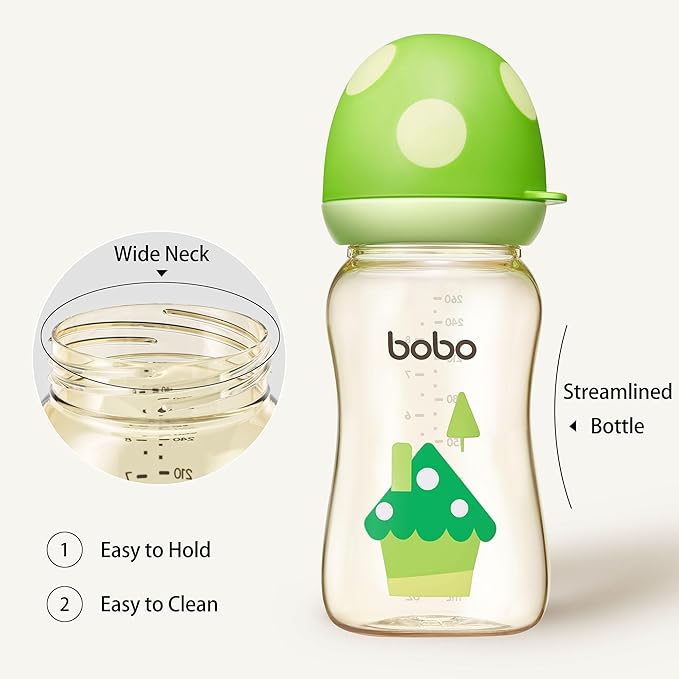 YOHKOH PPSU Baby Bottle Wide Neck, Newborn Anti-Colic Baby Bottle with Natural Response Nipple, Streamlined Body, Easy to Clean (8.8oz (Pack of 4), Green)-BubblyBeeBaby