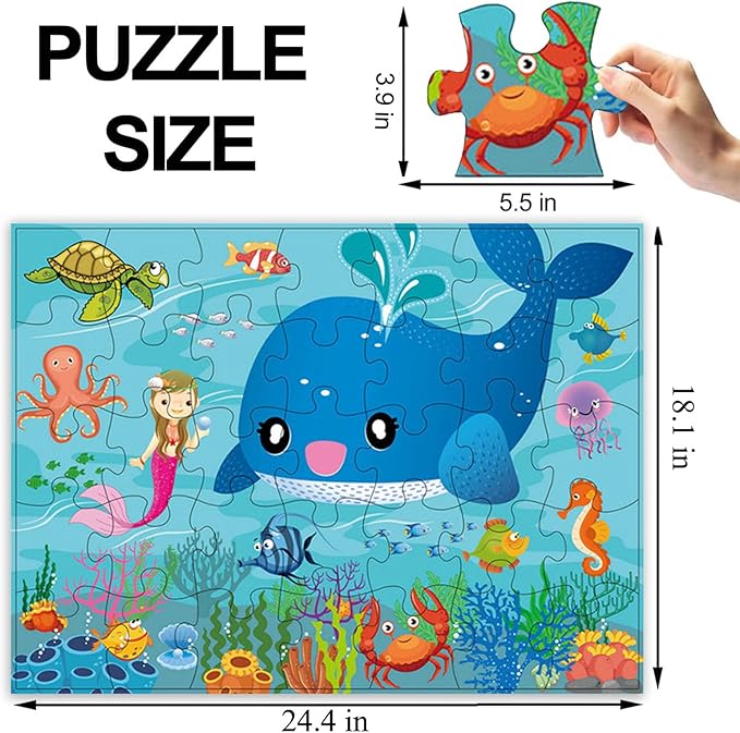 Jumbo Floor Puzzle for Kids, Large Jigsaw Puzzles 35 Piece for Kids Ages 3-5,Preschool Learning & Education Toys, Gifts for 4-8 Year Old Boys and Girls (Marine Animals)-BubblyBeeBaby