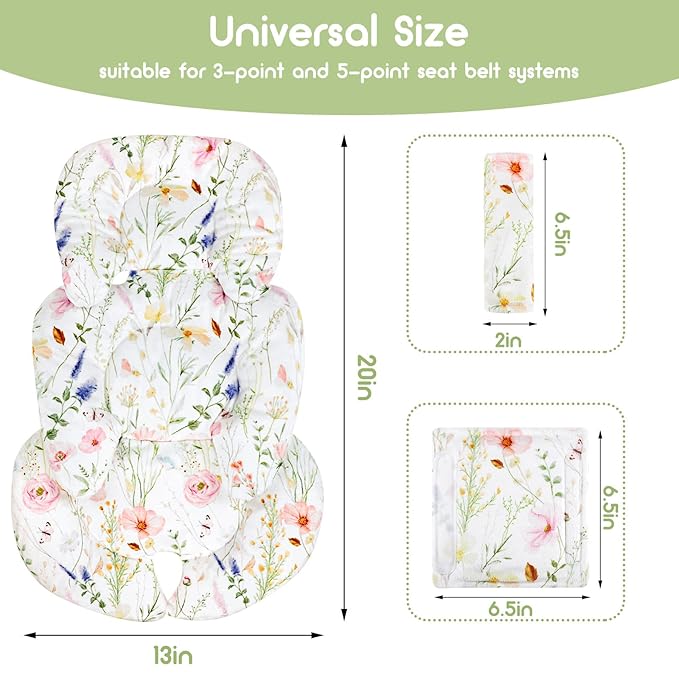 Infant Car Seat Insert, Car Seat Head Support Baby Girls Boys, Soft & Reversible Newborn Carseat Insert Cushion with 2 Strap Covers, for Stroller, Swing, Bouncer (White Wildflowers)-BubblyBeeBaby