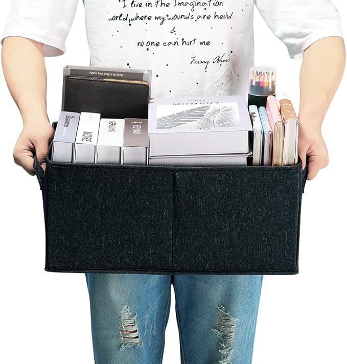 HOONEX Linen Foldable Storage Bins with Lids, 2 Pack, Storage Boxes with Carrying Handles and Sturdy Heavy Cardboard, 16.5" L x 11.8" W x 7.5" H for Shoes, Books, Clothes, Nursery, Dark Grey-BubblyBeeBaby