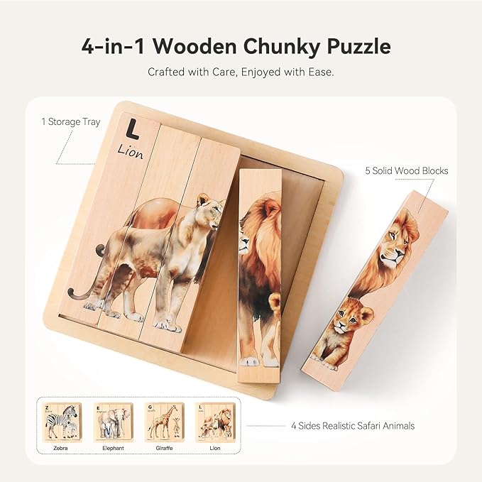 IEATFO 4 in 1 Wooden Animal Chunky Puzzle, 5 Solid Wood Puzzle Blocks with 4 Sides Realistic Safari Animals, Wooden Block Puzzle with Durable Base for Toddlers 3+ Years - Montessori Inspired-BubblyBeeBaby