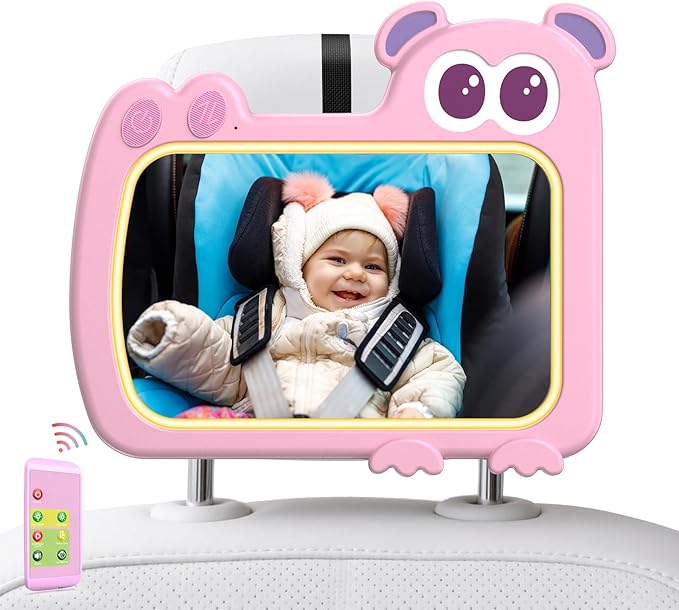 2-in-1 Baby Car Mirror with Lights & Soft Sounds, Cry Detector, Clear Night View, 360° Rotation, Shatterproof, Rear Facing Baby Car Seat Mirror with Remote Control, Perfect Baby Shower Gifts (Pink)-BubblyBeeBaby