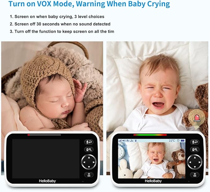 HelloBaby No WiFi Baby Monitor 5" Screen 30-Hour Battery Pan-Tilt-Zoom Video Upgrade with Camera and Audio, Night Vision, VOX, 2-Way Talk, 8 Lullabies and 1000ft Range, HB6550-BubblyBeeBaby