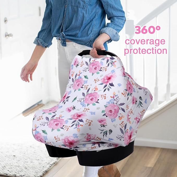 Rquite All-in-1 Car Seat Cover Baby, Carseat Covers for Girl Boy, Stretchy Soft Infant Car Seat Cover, Multi-use Baby Carrier Cover, Car Seat Canopy, Stroller Sun Shade, Nursing Breastfeeding Cover-BubblyBeeBaby