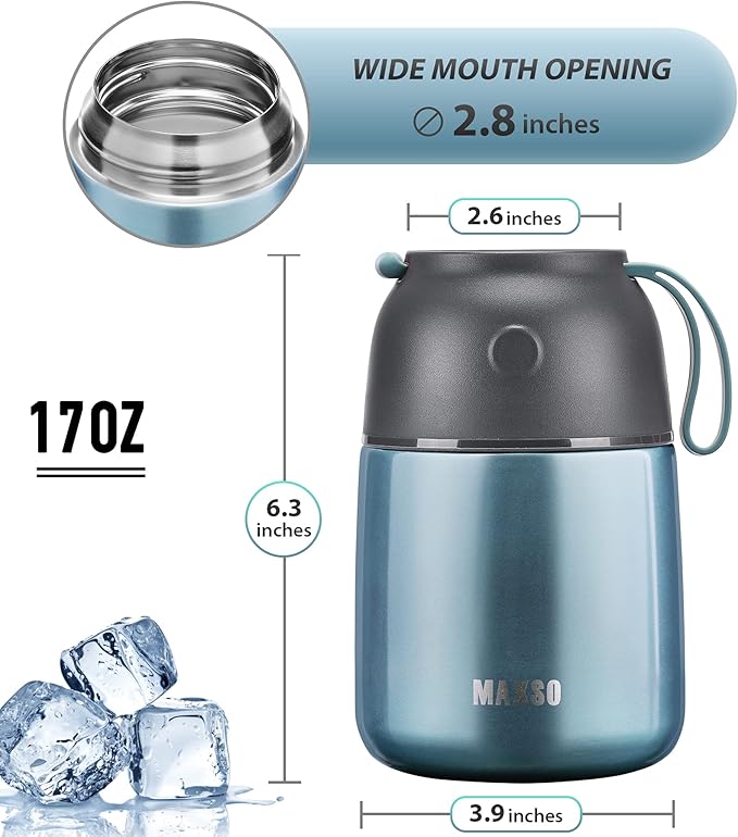 Insulated Thermo Food Jar for Hot & Cold Food for Kids Adult, 17 oz Soup Thermal Hot Food Containers for Lunch, Triple Layer Insulation Stainless Steel Food Jar with Spoon (Lightblue)-BubblyBeeBaby