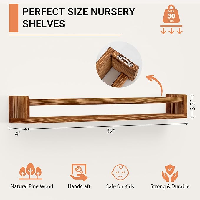 Heimlove 32 Inch Nursery Floating Shelves, Nursery Book Shelves for Wall, Wall Bookshelf for Kids Solid Wood Wall Mounted Shelves for Books,Toys and Decor Storage, Set of 2-BubblyBeeBaby