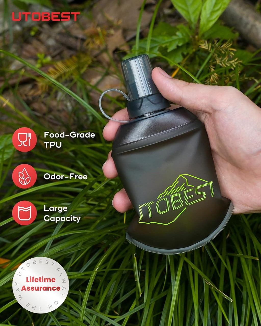 UTOBEST 150ml Soft Flask, 2 Pack Flexible TPU Hydration Water Bottle, Collapsible with 28mm Caliber for Running, Hiking, Cycling, Climbing, and Marathon Green