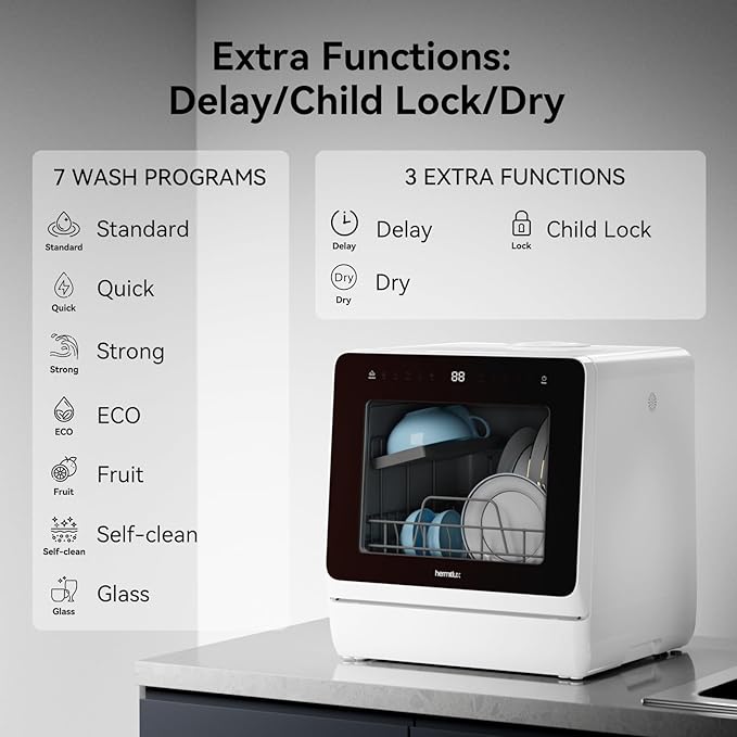 Hermitlux Countertop Dishwasher, 7 Washing Programs Portable Mini Dishwasher with 5-Liter Built-in Water Tank for Apartments & RVs, LED Light, Glass Door, No Hookup Needed-BubblyBeeBaby