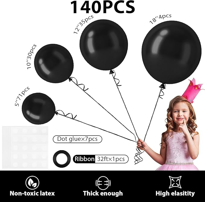 140pcs Balloon Arch Kit, Black Balloons of Different Sizes Pack of 18 12 10 5 Inch Party Balloon Kit for Birthday Party or Balloon Arch as Graduation Wedding Baby Shower Anniversary Party-BubblyBeeBaby