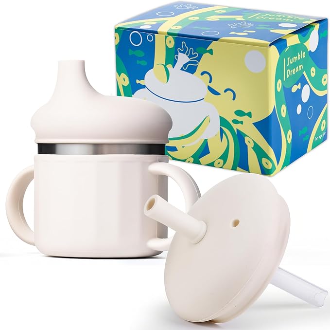 Jumble Dream Stainless Steel and Silicon Sippy Cup Baby Sippy Cup, Training Kids Cups with Silicon Straw, Toddler Tumbler with Spill Proof Straw |12 Month Plus Toddler Cup| BPA Free-BubblyBeeBaby