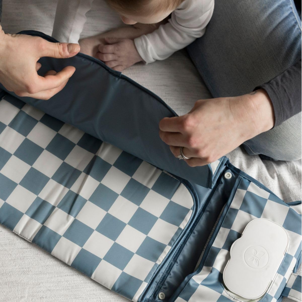 Tiny Twinkle Portable Diaper Changing Pad-Foldable Waterproof Changing Mat&Portable Changing Pad for Travel,Baby Changing Station with Smart Wipes Pocket&Storage (Blue Checkers)