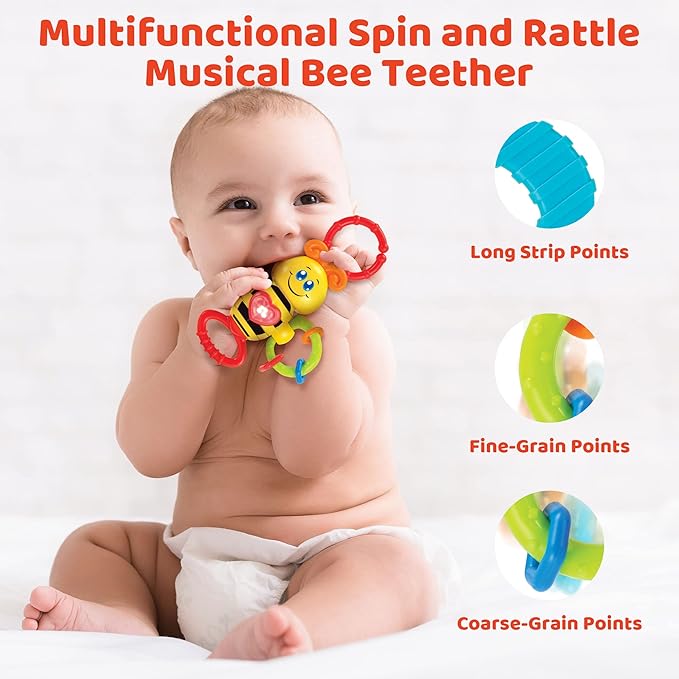 KiddoLab Twist & Rattle Musical Bee Light-Up Toy and Teething Ring for Toddlers - Sensory Chew and Fine Motor Skills Toy for Newborn - Baby Rattle and Teething Toys for 3+ Months Babies-BubblyBeeBaby